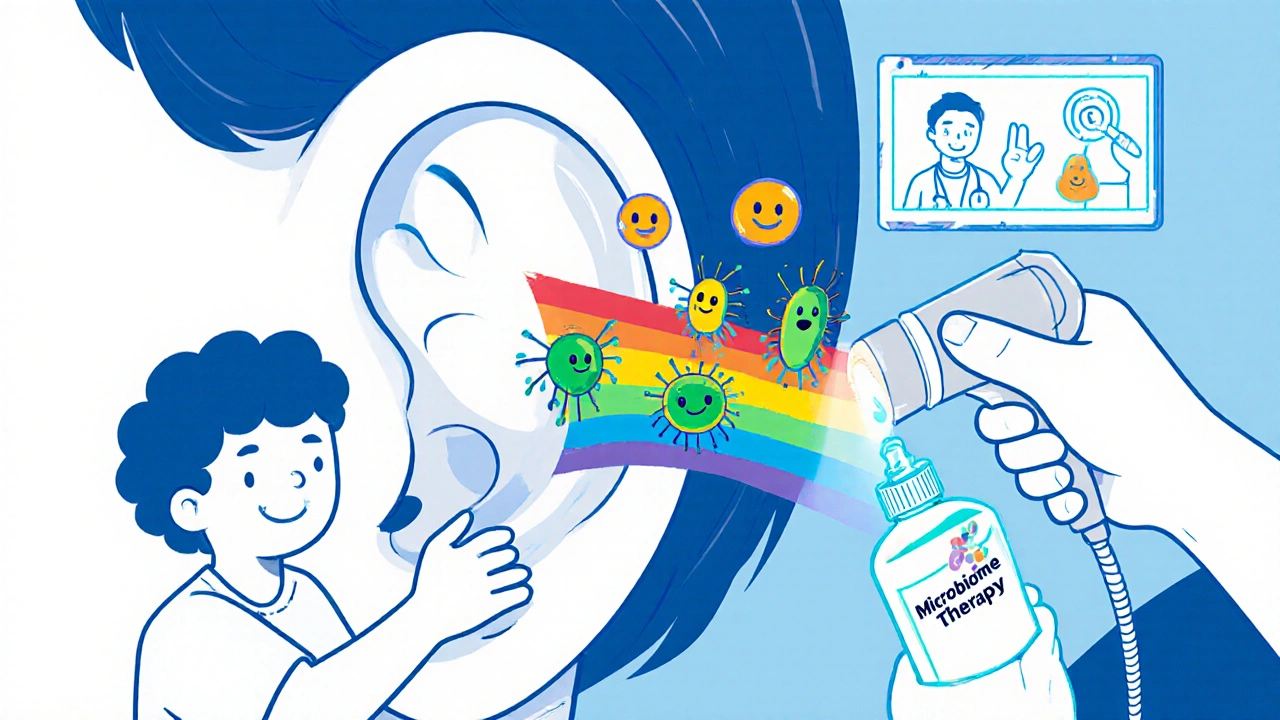 Friendly bacteria replace harmful ones in a colorful ear canal, with a child drying their ear and a telemedicine screen visible.