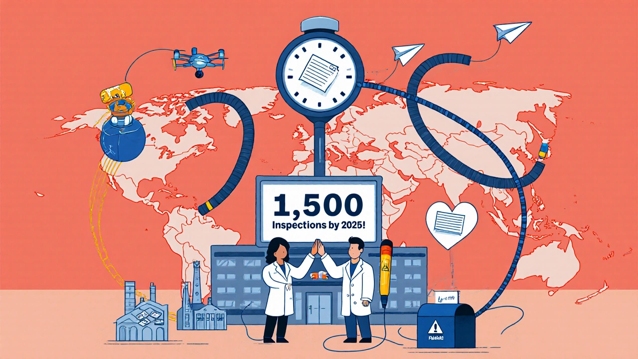 Global factories send pill drones to an FDA stethoscope HQ, with inspection goals on screen.