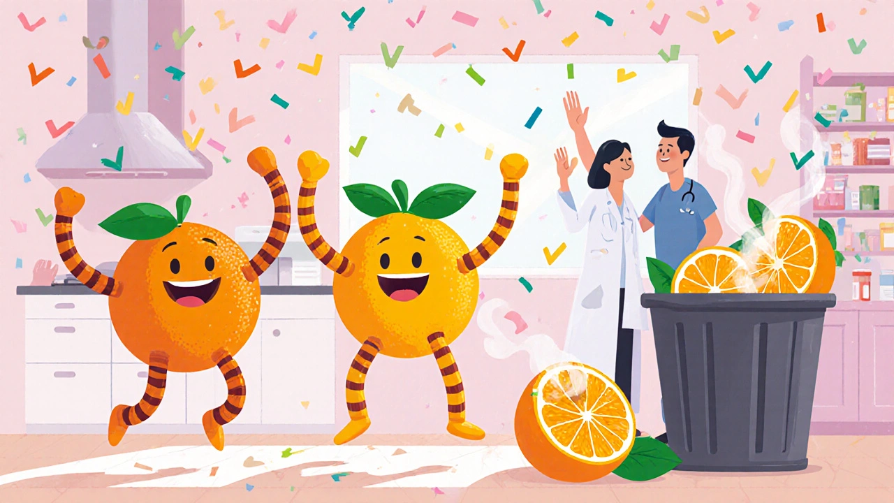 Happy sweet oranges dance safely while defeated bitter citrus fruits lie in trash, with doctors high-fiving in the background.