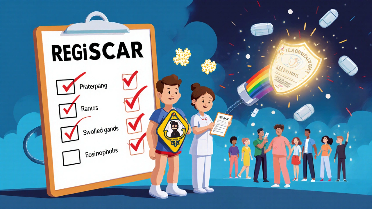 Patient holding medical alert bracelet beside a checklist with popping checkmarks, protected by a rainbow shield.