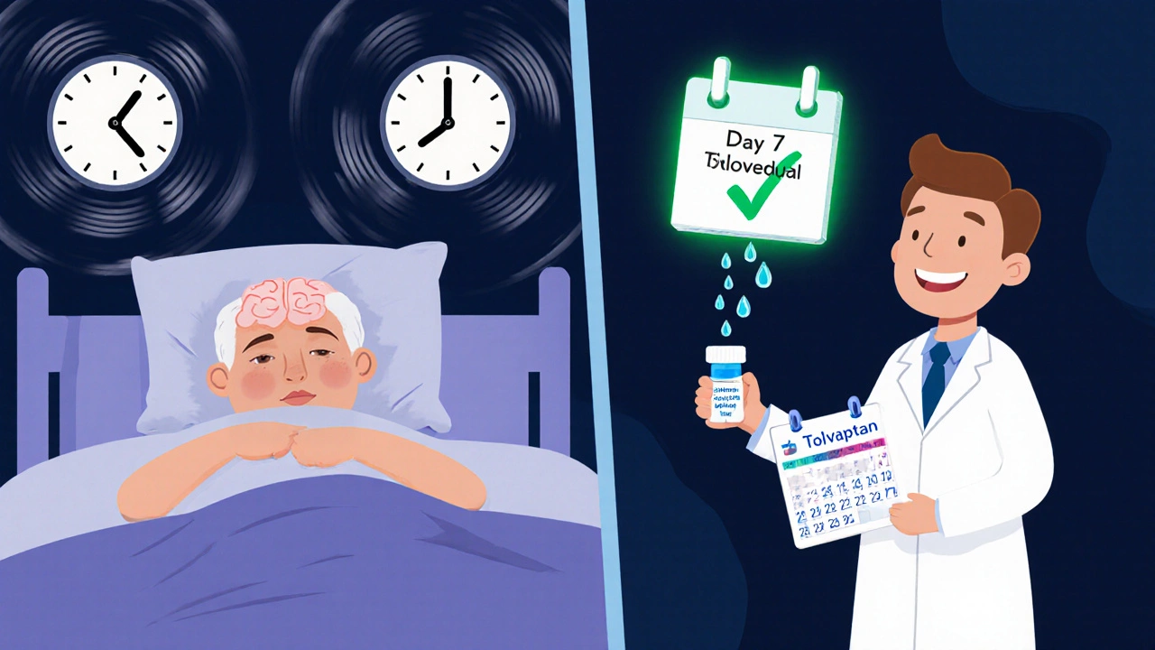 Patient recovering after sodium correction, doctor giving Tolvaptan pill, clock and checkmark symbols.