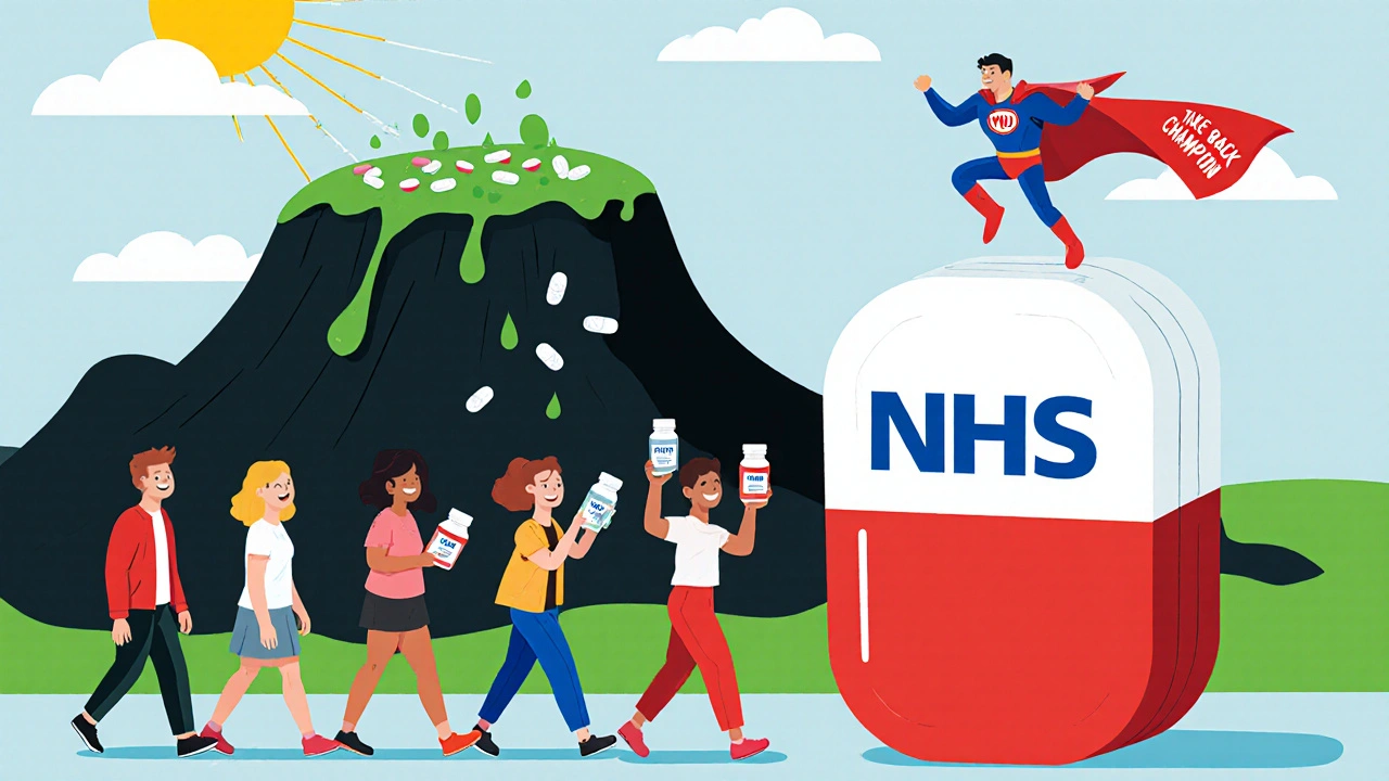 People drop expired meds into a bright pharmacy take-back bin, while a landfill leaks toxins behind them.