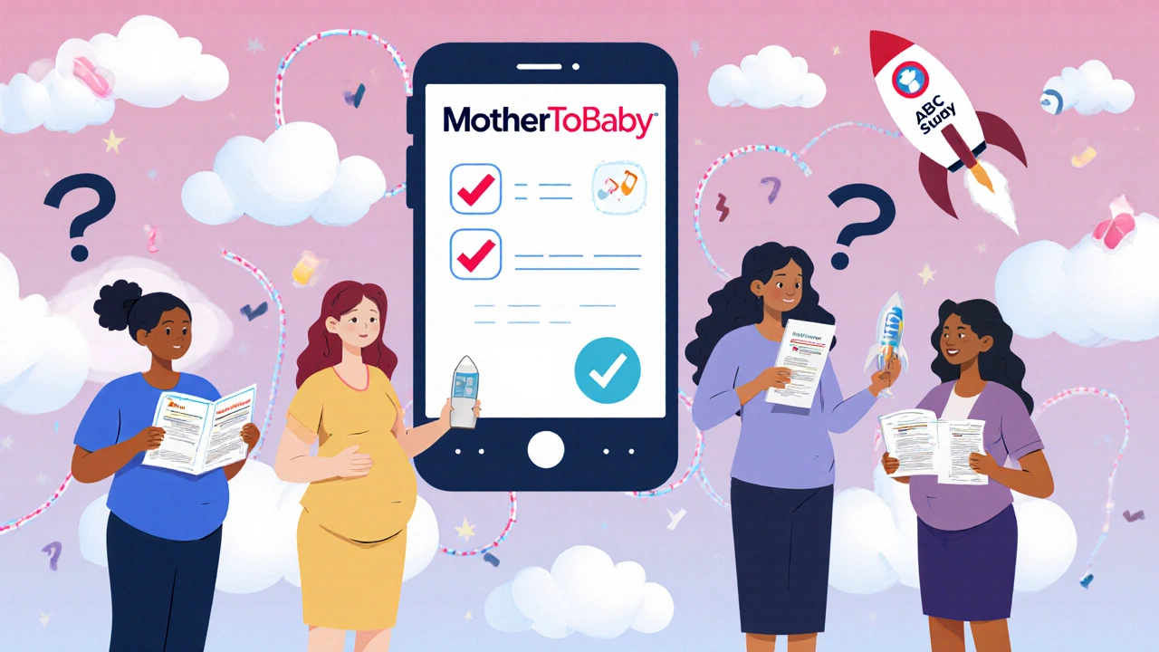 Pregnant women consulting doctors with floating safety symbols and a giant phone in sky.