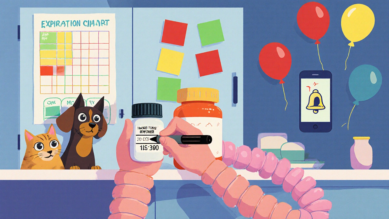 Someone writes a large expiration date on a pill bottle while pets watch, with color-coded labels on a cabinet door.