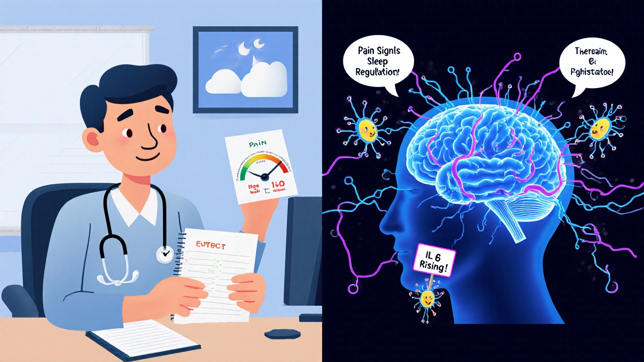 Split cartoon scene of a patient and their brain with glowing circuits showing pain and sleep signals malfunctioning.