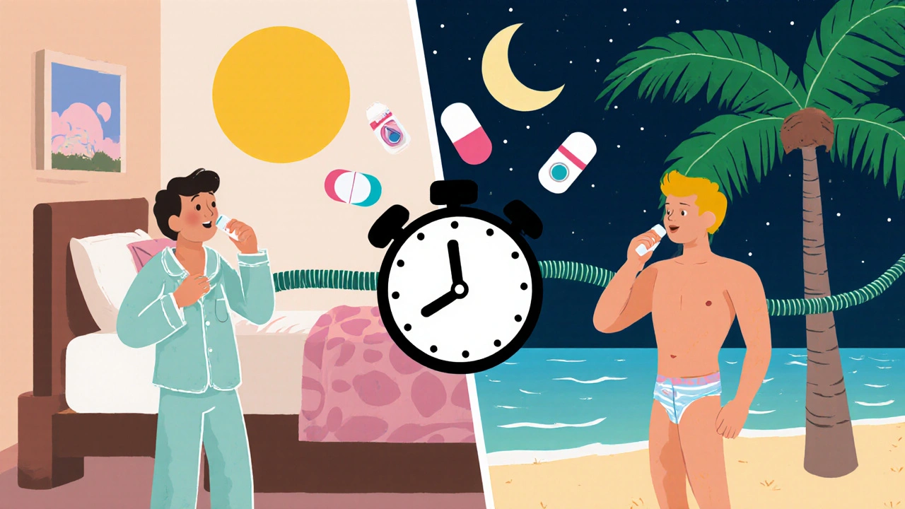 Split cartoon scene: same person taking medication at home at sunrise and abroad at night, connected by a stretching clock.