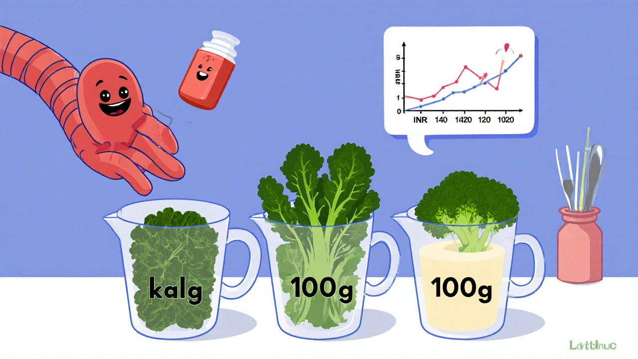 Three identical measuring cups of greens on a counter, each with 100 µg labels, beside a happy blood vessel.