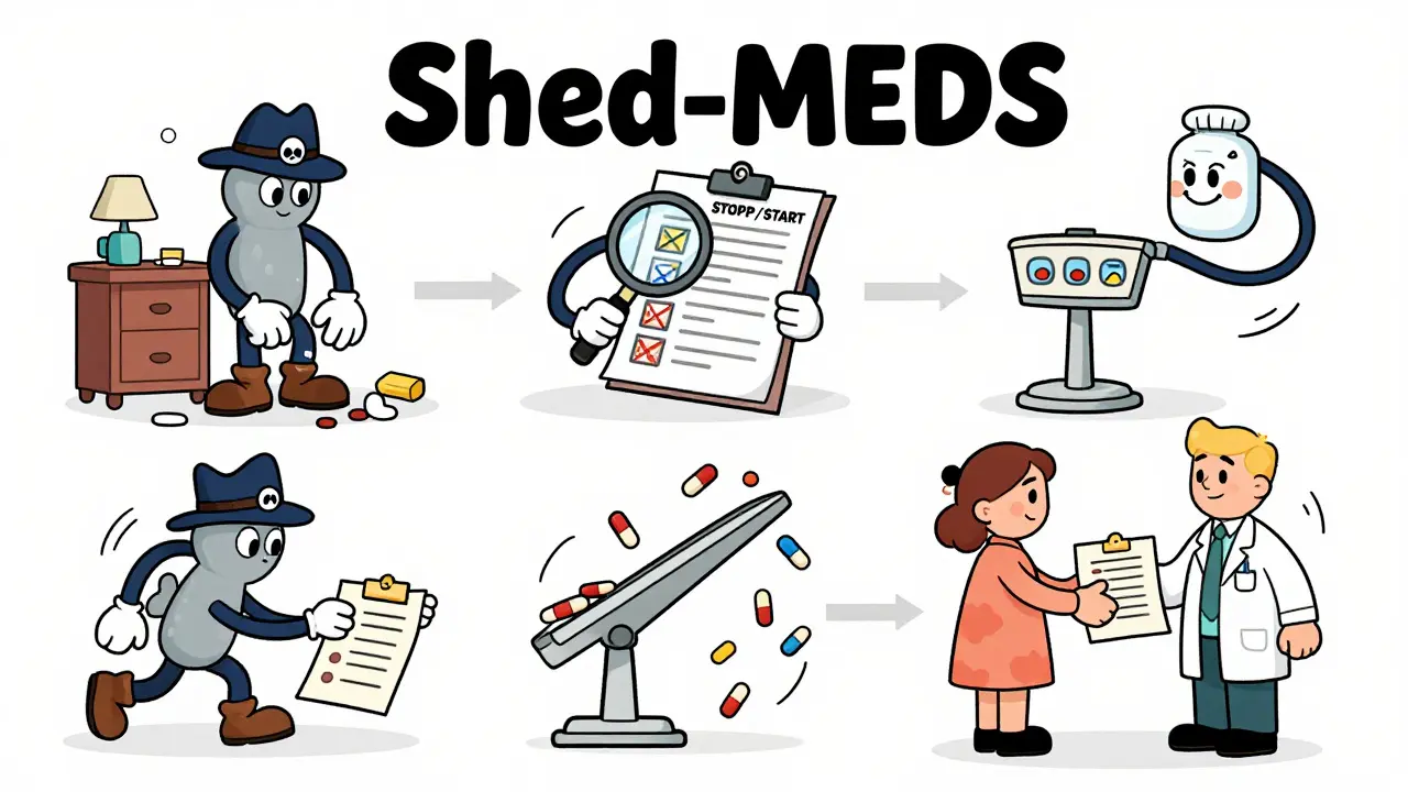 A bouncy four-step cartoon flowchart showing medication review and reduction with animated characters.