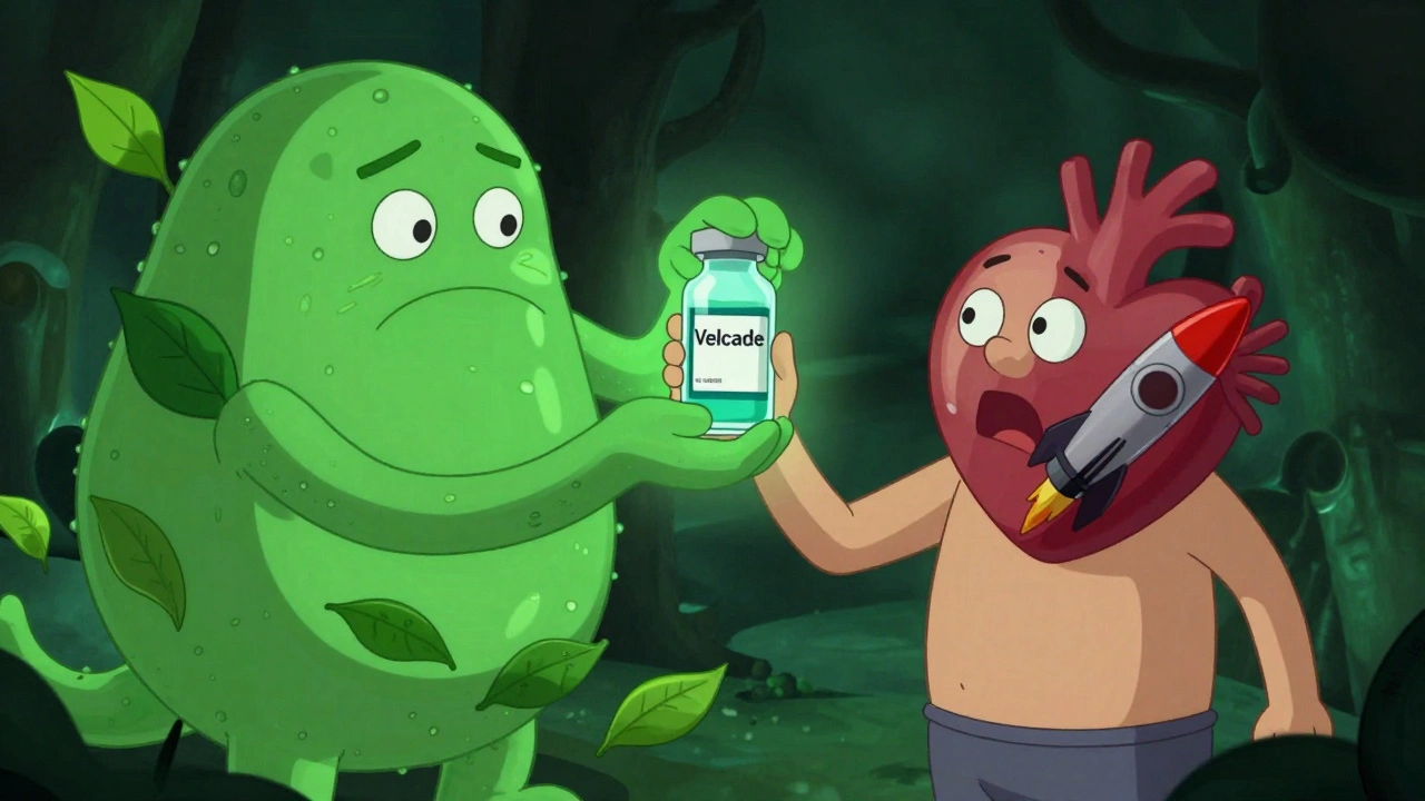 A cancer patient’s chemotherapy drug being dimmed by a green tea extract monster with tea-leaf tentacles.