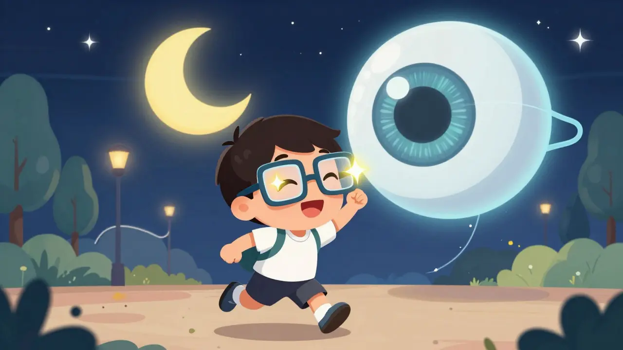 A child running outdoors with bendy glasses, sunlight sparkles glowing around their eyes as night lenses float above.