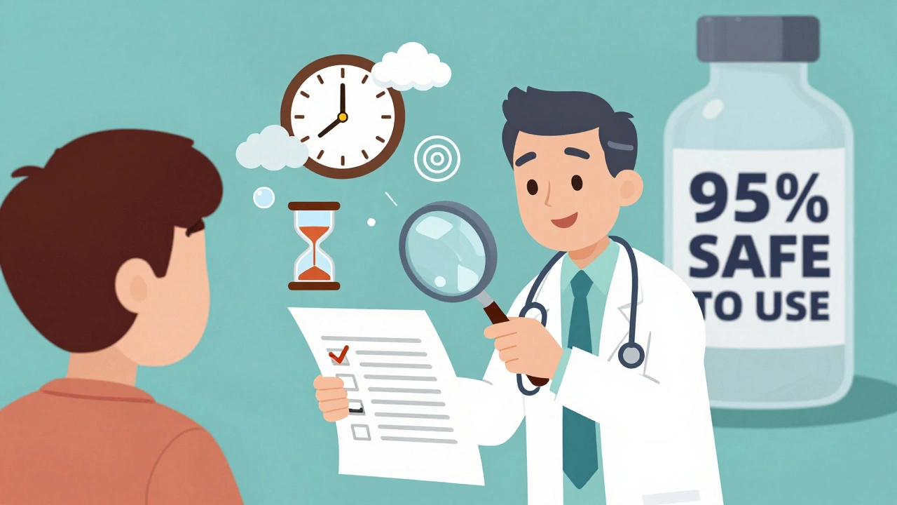 A doctor examining a chart with icons showing fast allergic reactions versus slow side effects, next to a smiling penicillin bottle.