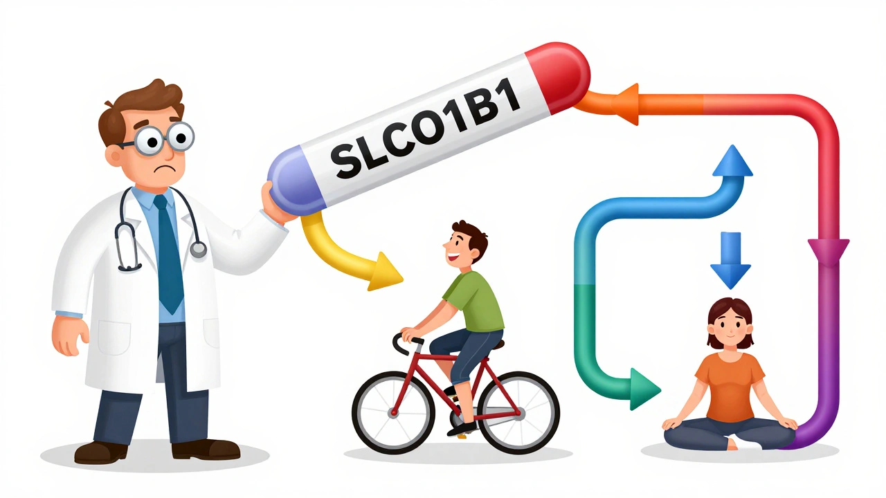 A doctor holding a genetic test strip showing three paths for different statins with happy and unhappy patients.