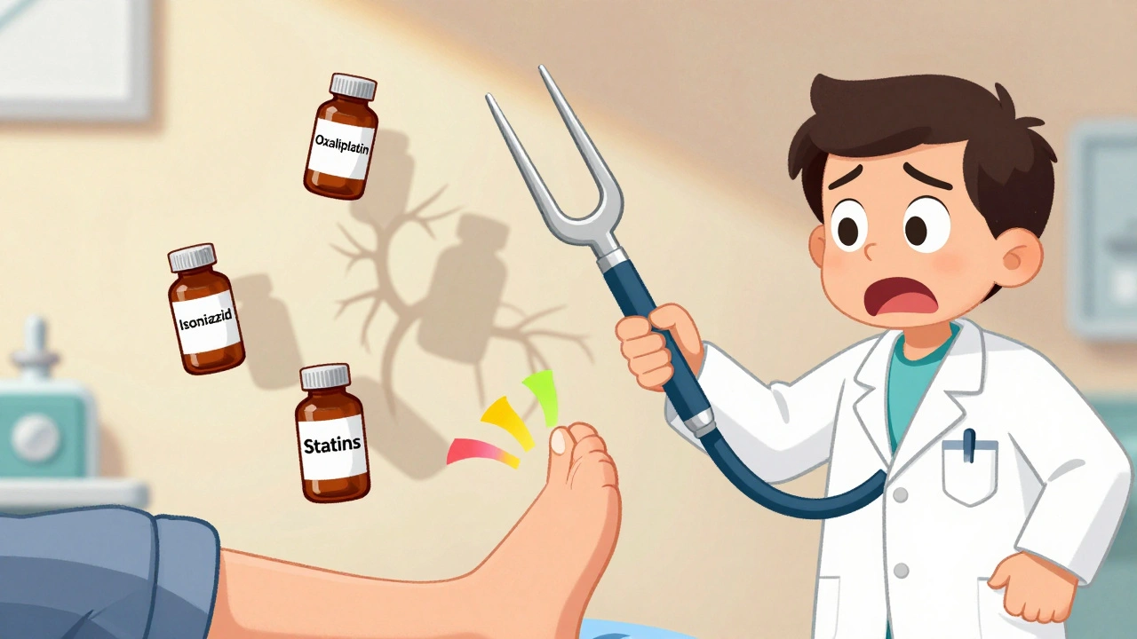 A doctor testing a patient&#039;s toe with a tuning fork while medication bottles cast nerve shadows.