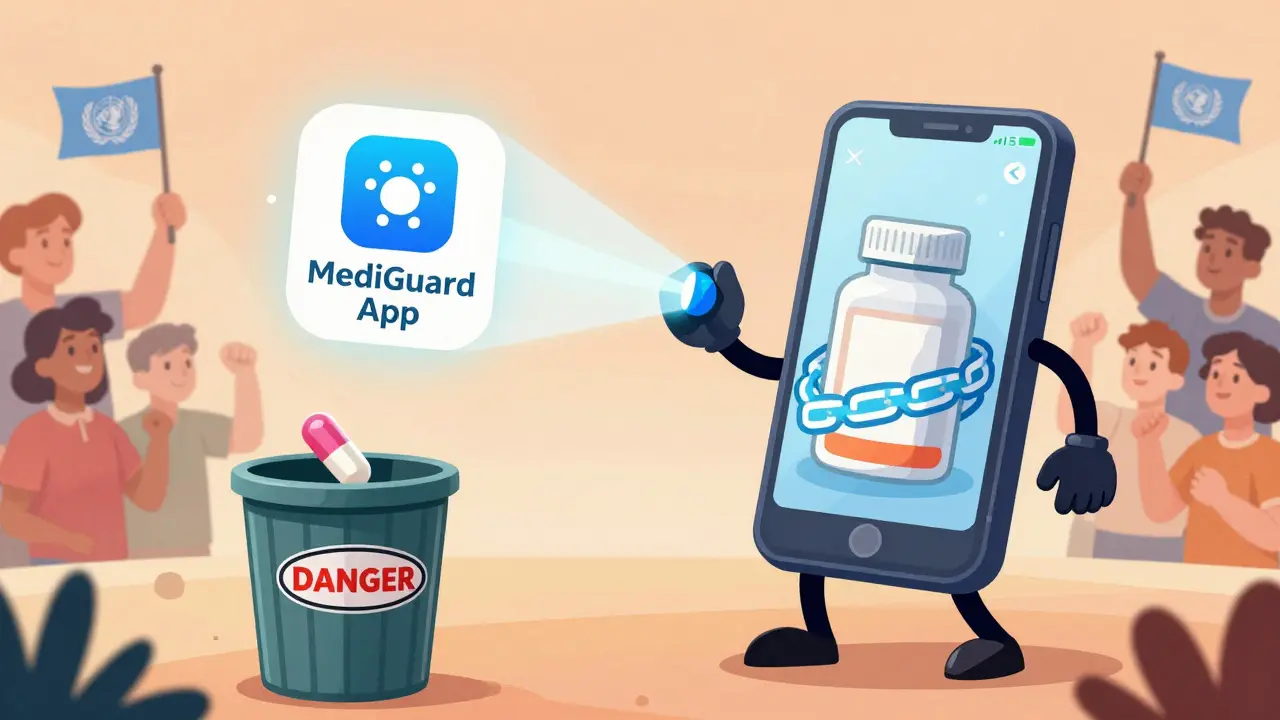 A friendly smartphone app scans and destroys a fake pill with a QR beam, while a blockchain protects a real medicine bottle.