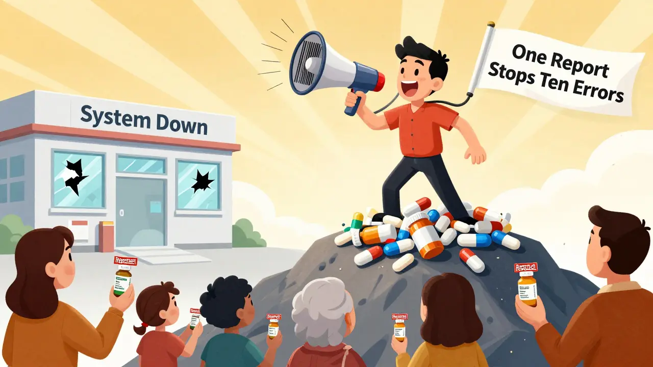 A hero stands on a pile of wrong meds, rallying others to report errors, in a vibrant rubber hose animation style.