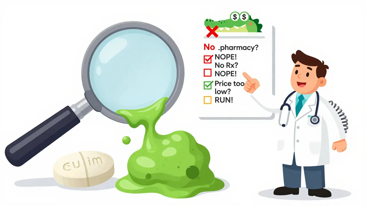 A magnifying glass compares a real pill to a messy fake one, while a spring stethoscope pharmacist checks warning signs.