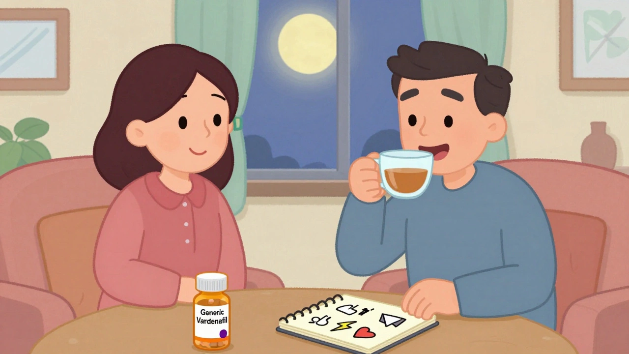 A man relaxes at home with a generic vardenafil pill bottle and a notebook of success doodles.