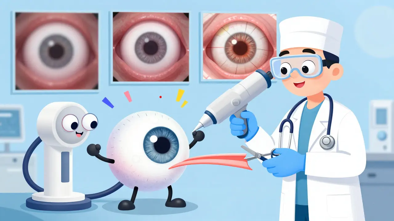 A nervous cartoon eyeball undergoing LASIK surgery with a friendly laser beam, before-and-after vision panels floating nearby.