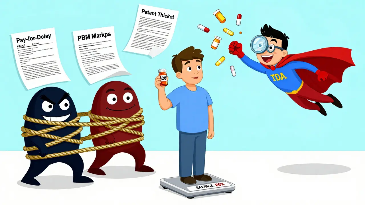 A patient celebrates savings as anti-competition villains are defeated by FDA heroes.