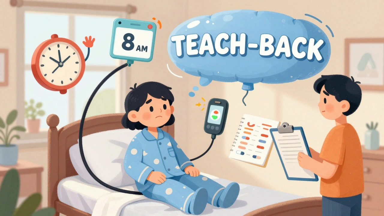 A patient in pajamas is surrounded by floating reminders and a family member helping them manage meds at home.