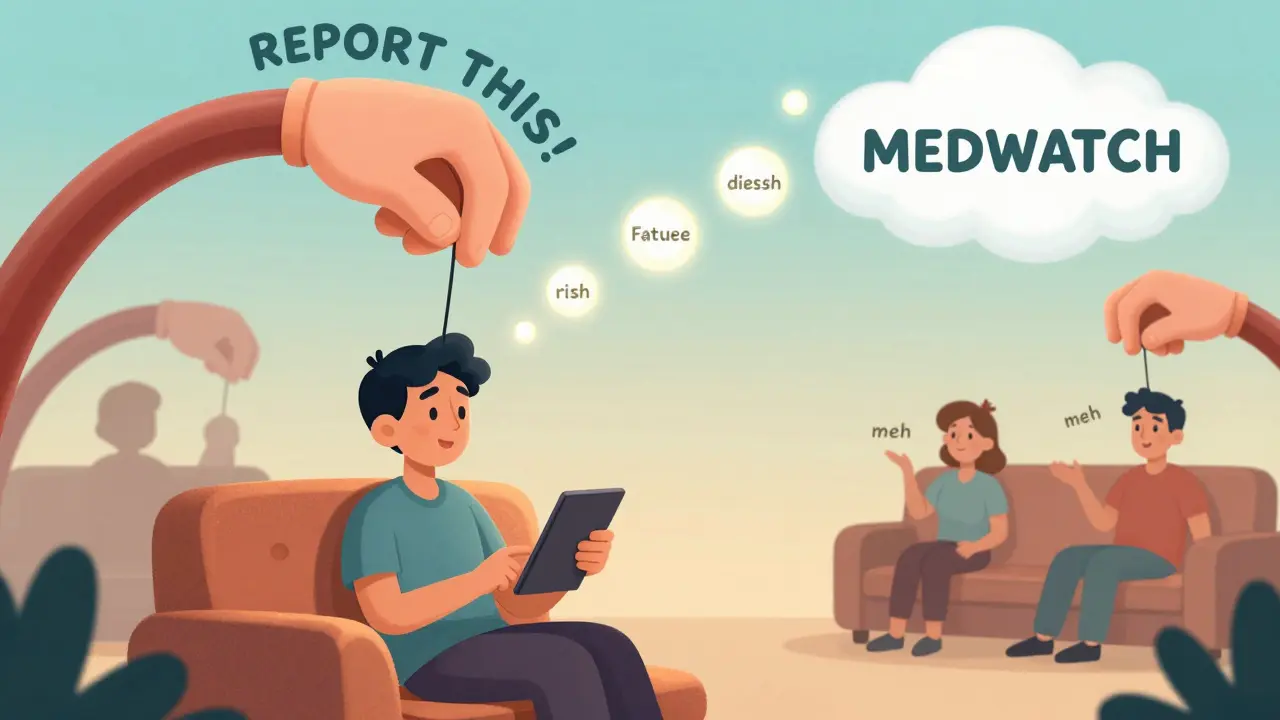 A patient reports symptoms to a giant hand labeled 'REPORT THIS!' with floating thought bubbles.