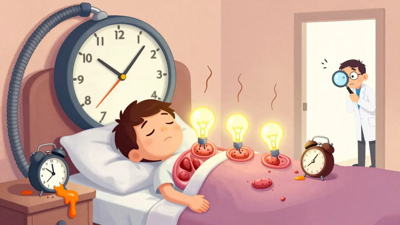 A person in bed with dimming mitochondria and a broken cortisol alarm clock looming overhead.