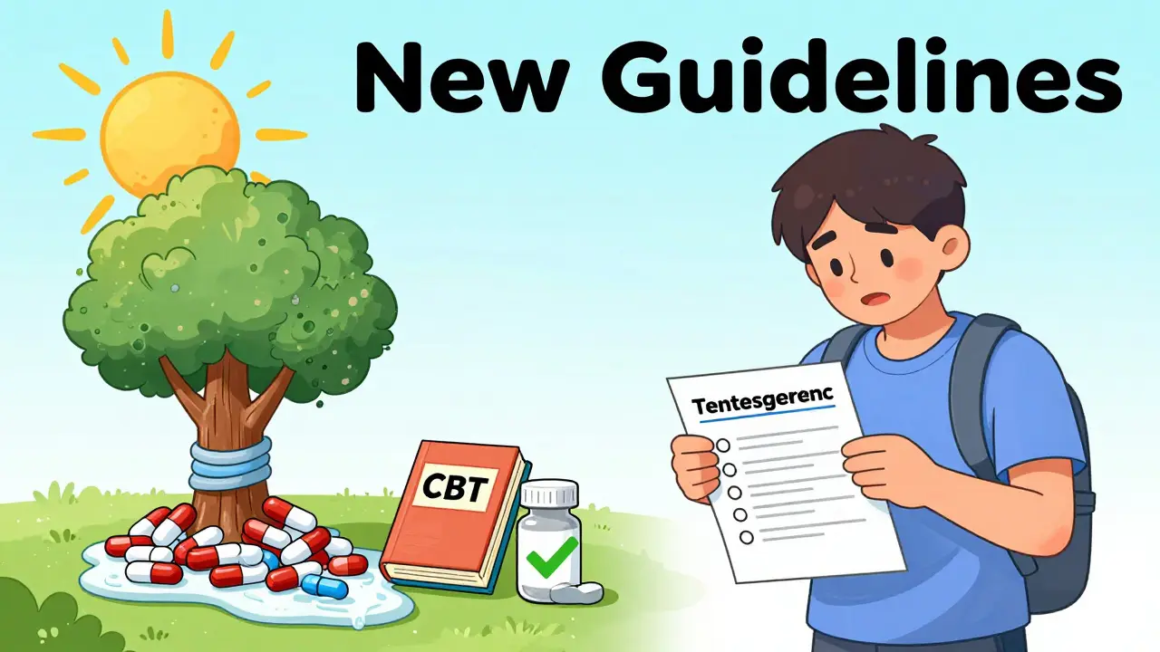 A person regaining energy as opioids melt into healthy alternatives under a rising sun of new guidelines