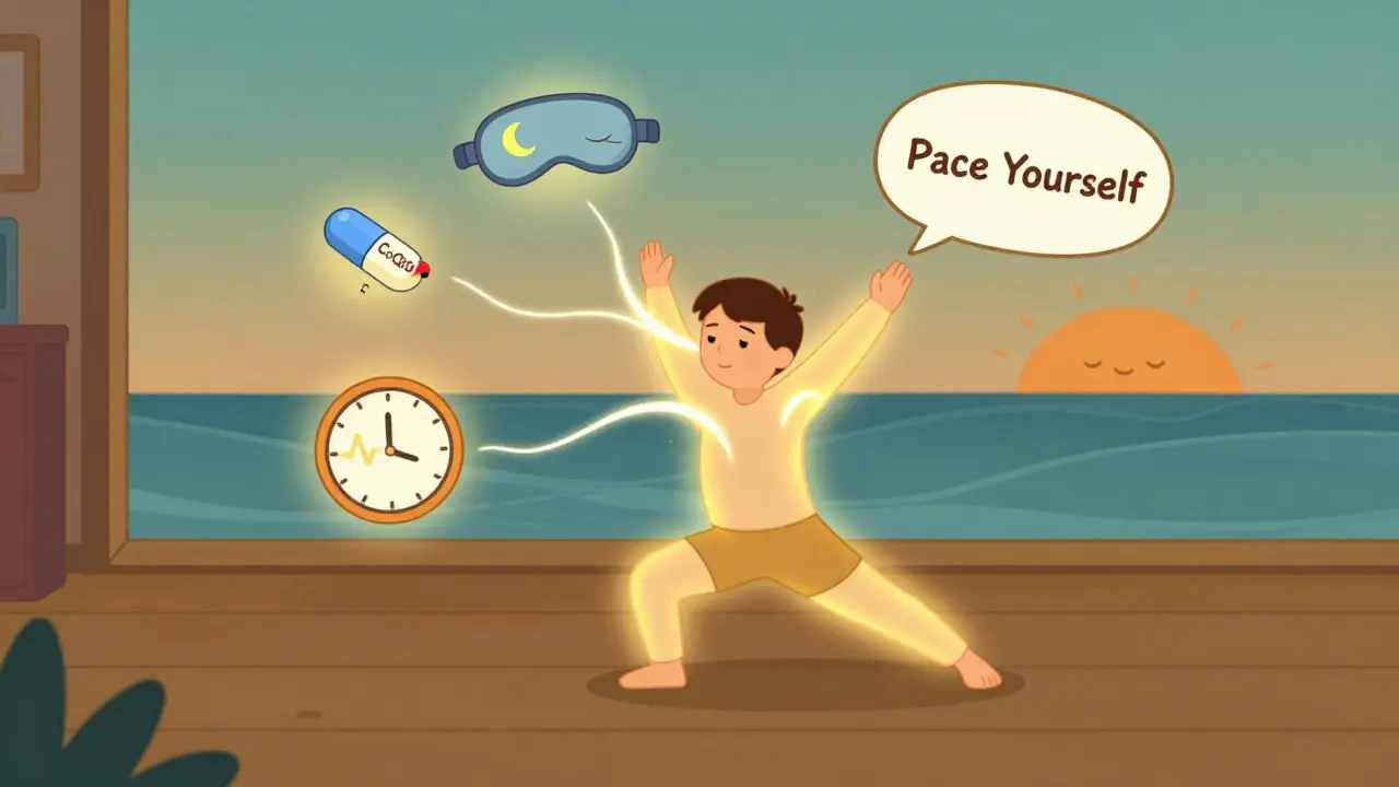 A person stretching peacefully with four helpful icons glowing around them, radiating calm energy.