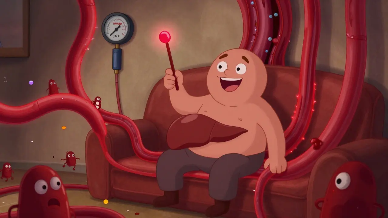 A person with a liver belly using a statin pill to relax blood vessels and dissolve scar tissue.