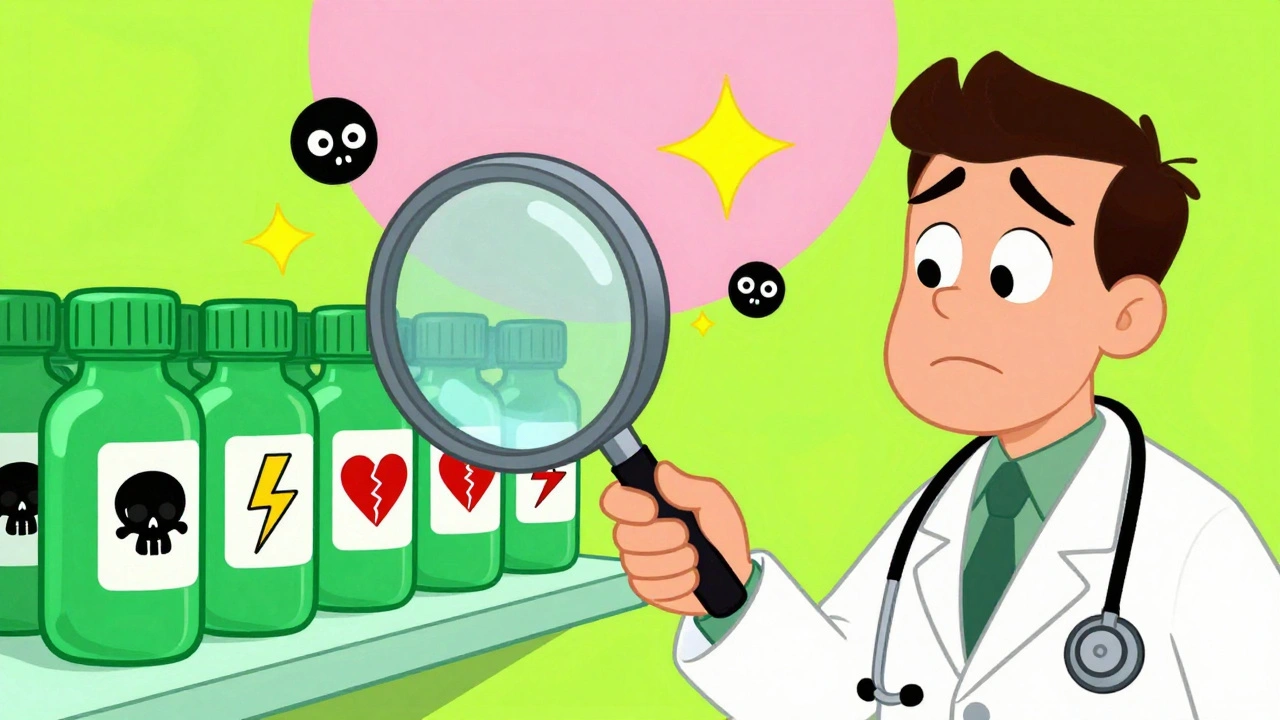 A pharmacist examining green tea extract bottles with hidden danger symbols, while a confused patient looks on.