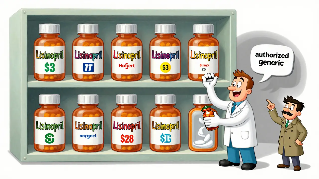 A pharmacy shelf with varied generic drug prices, pharmacist swapping bottles for a patient.