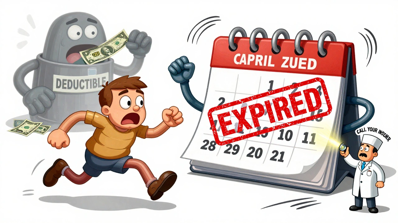 A running calendar with arms escapes as an &#039;EXPIRED&#039; stamp falls on a coupon, while a monster swallows a deductible dollar bill.
