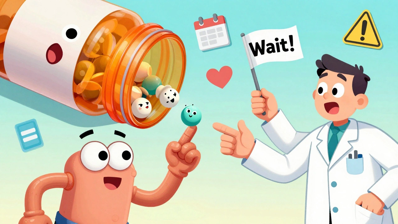 A smiling pill bottle shows a different pill among others, with a patient pointing it out to a surprised pharmacist.