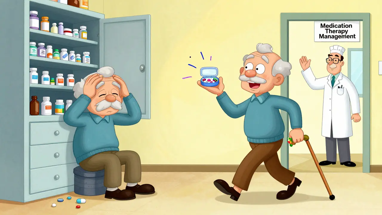 A split scene: chaotic medicine cabinet vs. a calm senior walking confidently with just a few pills.