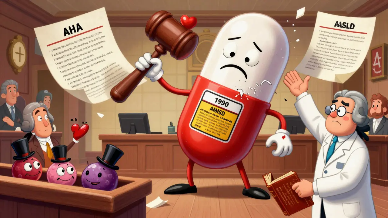 A statin pill winning a courtroom battle against an outdated medical warning label.