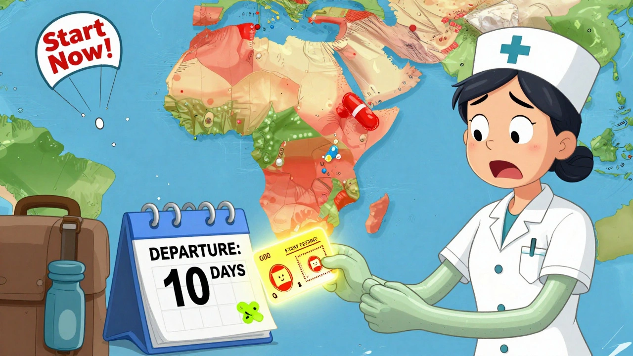 A traveler receives a yellow fever card from a nurse as a map pulses with risk zones in playful cartoon style.