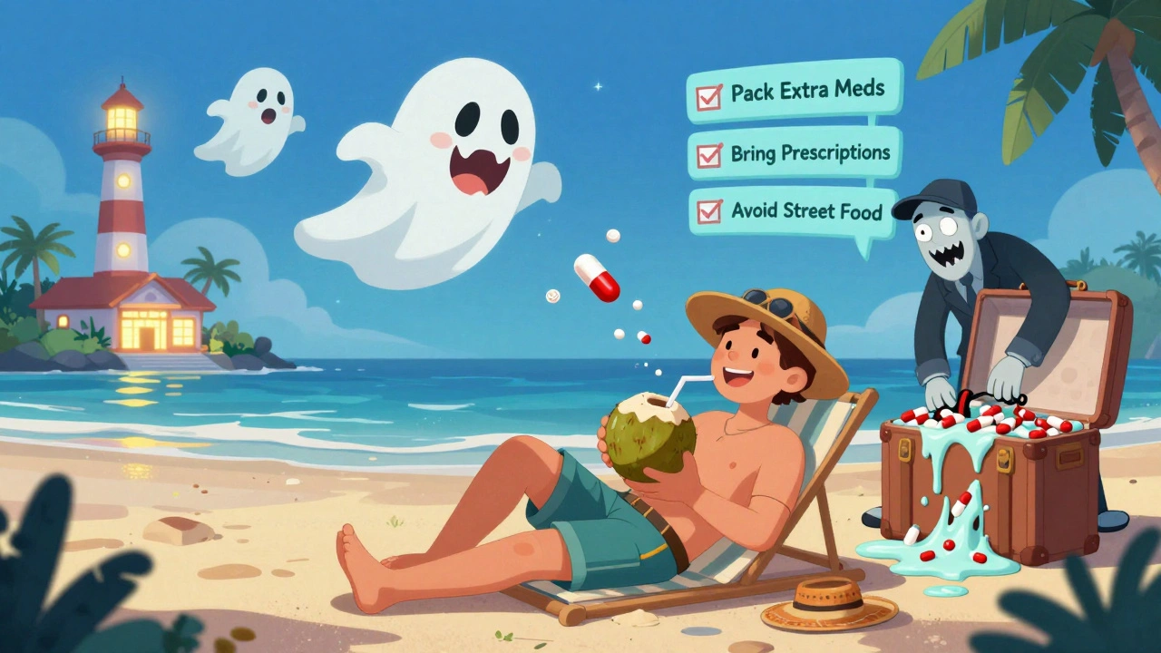A traveler relaxes on a beach while cartoon fake pills try to sneak up, with a glowing clinic as a lighthouse in the distance.