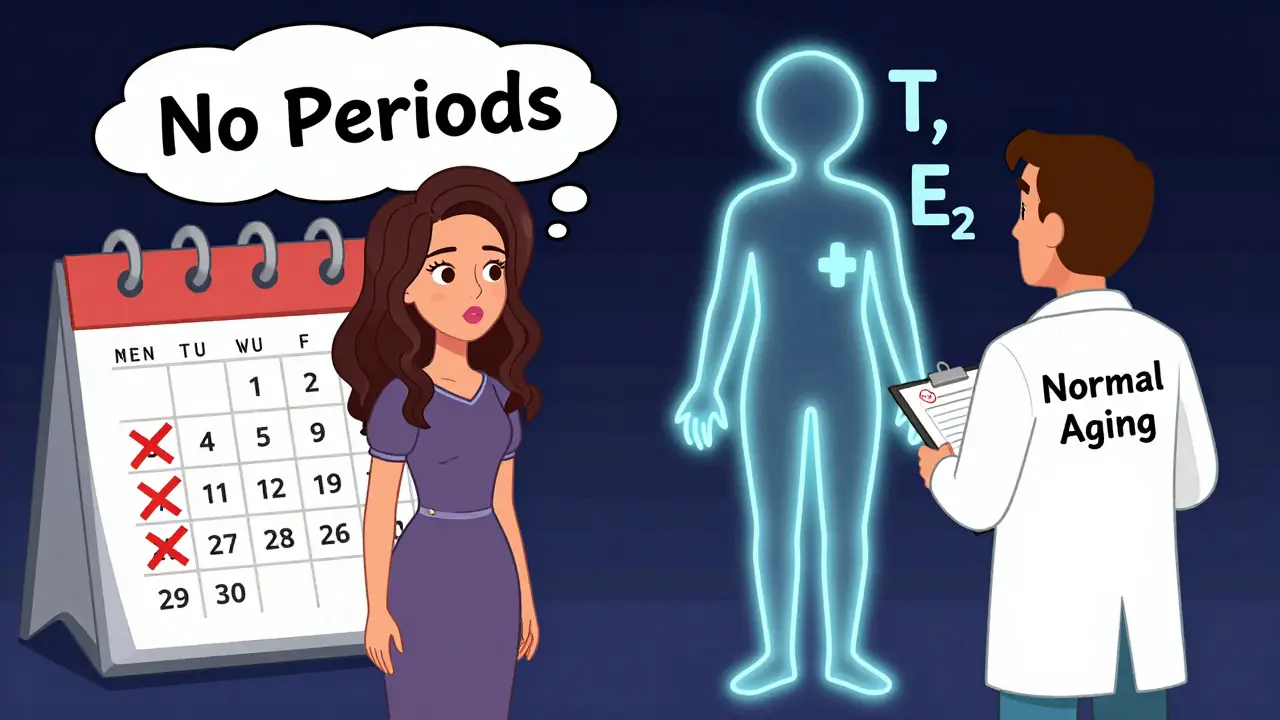 A woman beside a calendar with missed periods, her hormone levels fading as a doctor ignores her