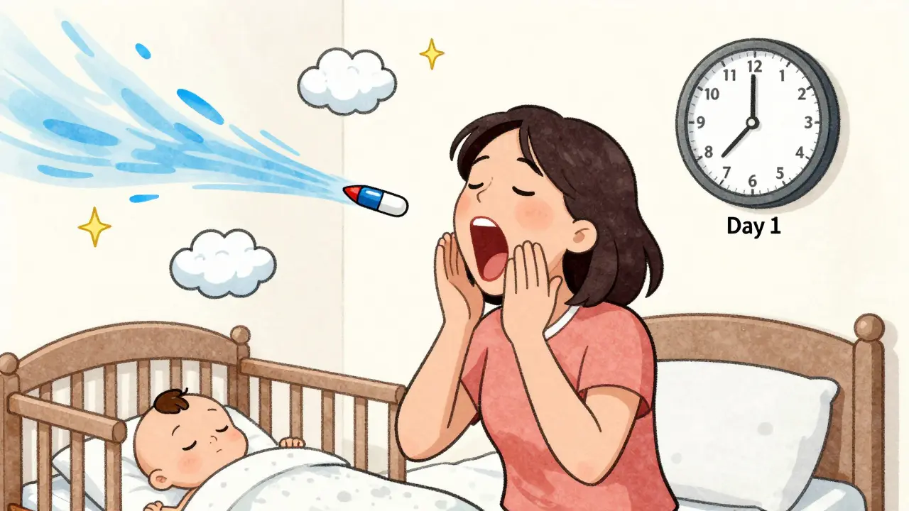 A woman yawning as a Zuranolone capsule zooms past, with dizziness clouds and a clock showing rapid time passage.