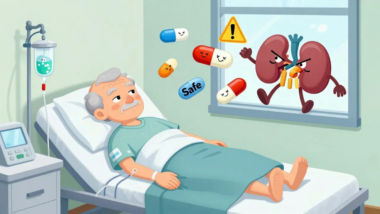 Elderly patient with fentanyl patch, safe pills smiling, dangerous pills kicked out window.