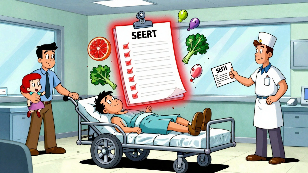 Emergency room scene with a glowing red checklist preventing a food-drug reaction, while a helper delivers a safety card.