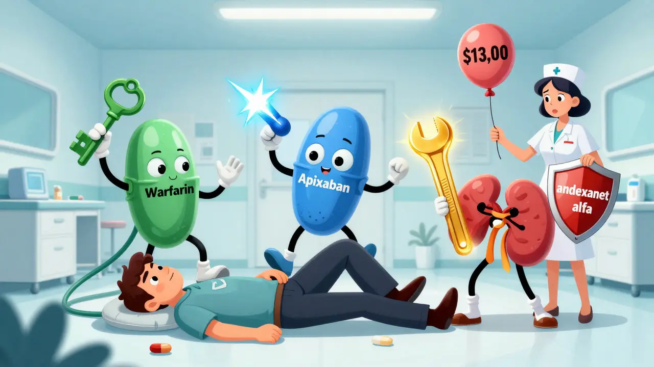 ER scene with anticoagulant reversal heroes fighting bleeding risks, cartoon illustration