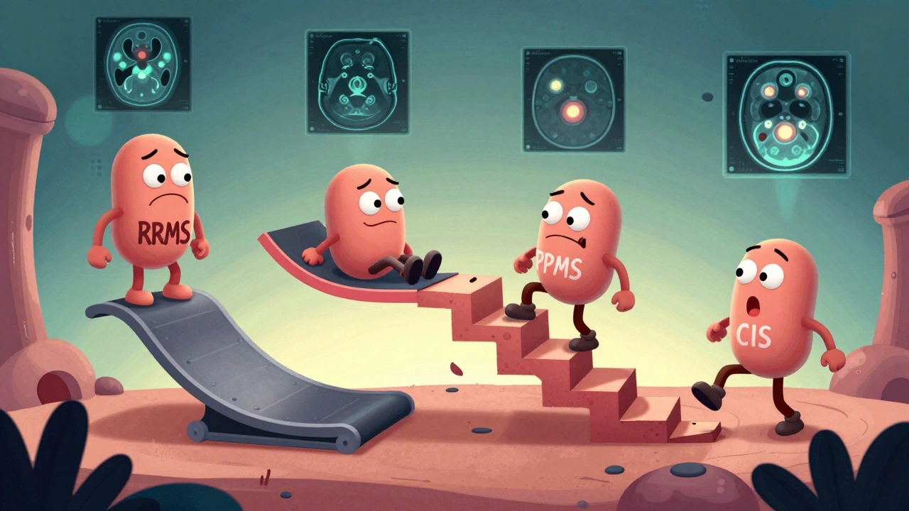 Four cartoon characters representing different MS types in a whimsical body landscape