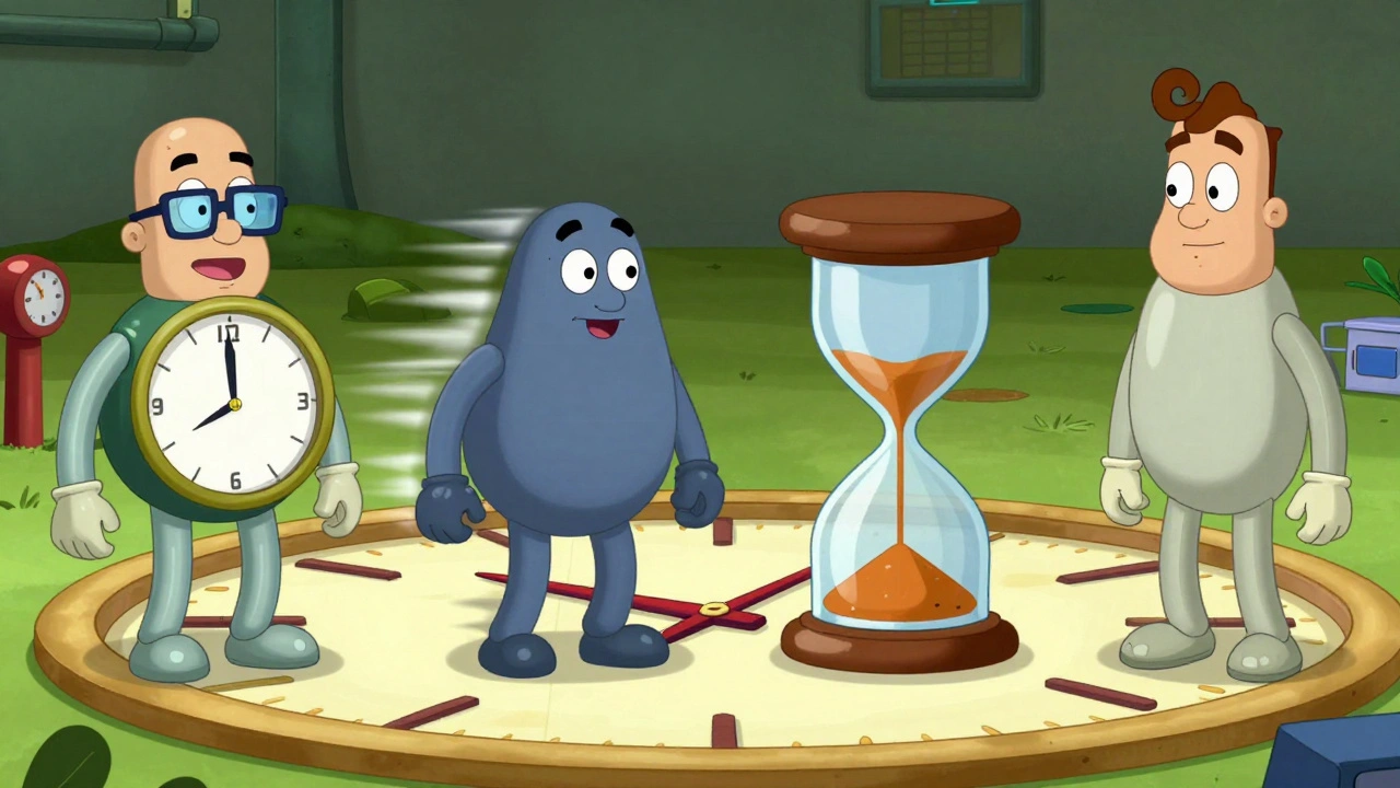 Four cartoon characters representing ED medications in a clock-themed battle, each with unique visual traits.