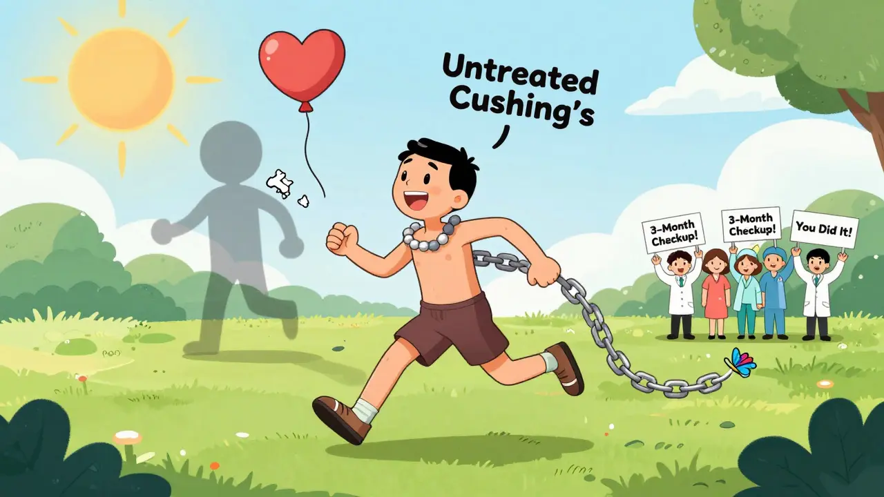 Happy patient running free, shedding cortisol chains that become butterflies, while a fading sick figure disappears behind them.