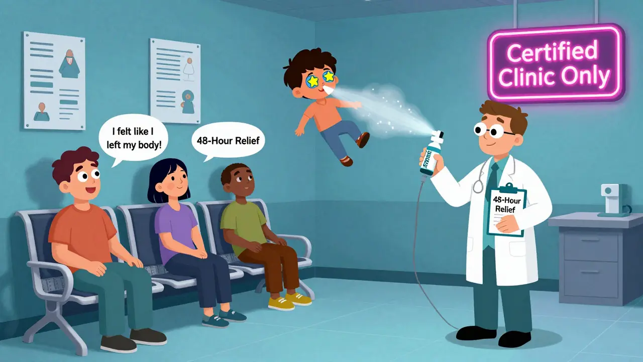 Patients in a clinic being affected by a glowing SPRAVATO spray, one floating in the air with stars around them.