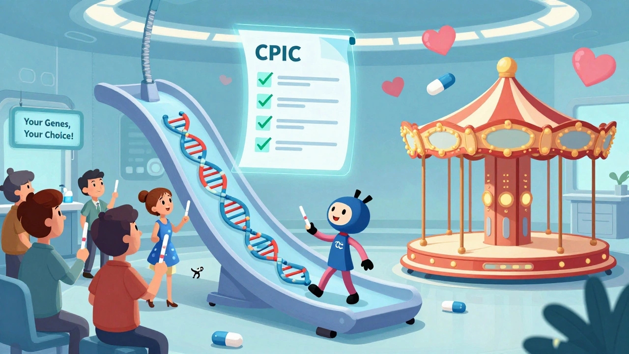 Patients in a clinic swapping cheek swabs for DNA dancers, guided safely away from simvastatin to pravastatin.