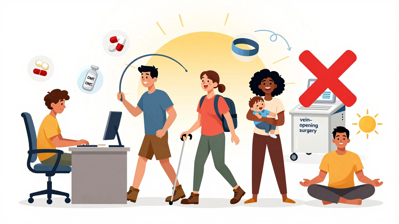 People with MS living actively with therapy tools and vitamin D sun, rejecting false cures