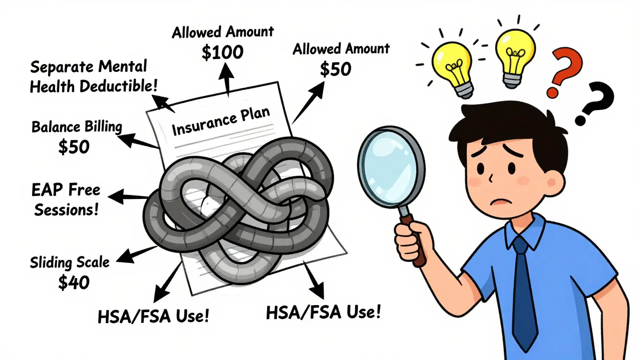 Person using magnifying glass on tangled insurance papers with hidden cost labels popping out