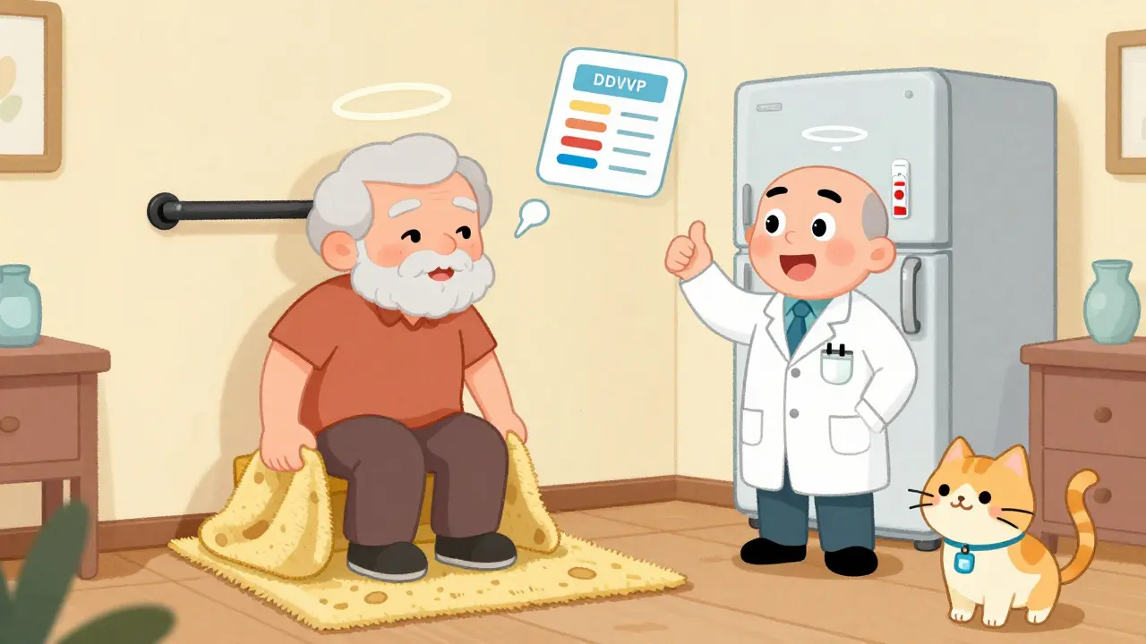 Senior safely modifying home with grab bars and kidney monitor, cartoon style